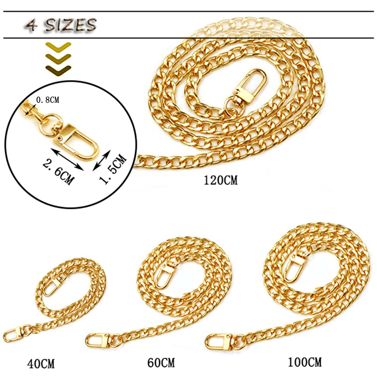Set 4 Catene Per Borse In Oro – Lunghezze 40/60/100/120 Cm, Con Fibbie, Per Tracolla E Pochette Fai Da Te