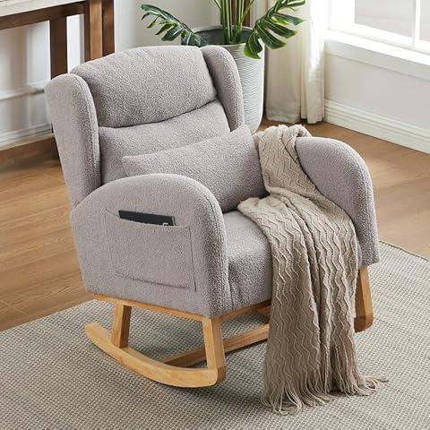 AZSJML Rocking Chair Nursery, Glider Rocking Accent Chair with Rubber Wood Legs, High Back Pocket Modern Upholstered Nursery Chair, Comfy Accent Rocker Armchair for Living Room Bedroom,Grey Cover