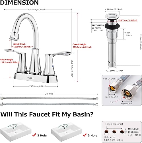 Miniatura 4 de PARLOS Caño giratorio Grifo de lavabo de baño de 2 manijas con drenaje emergente de metal y líneas de suministro de grifo, cromo, Demeter 1362701