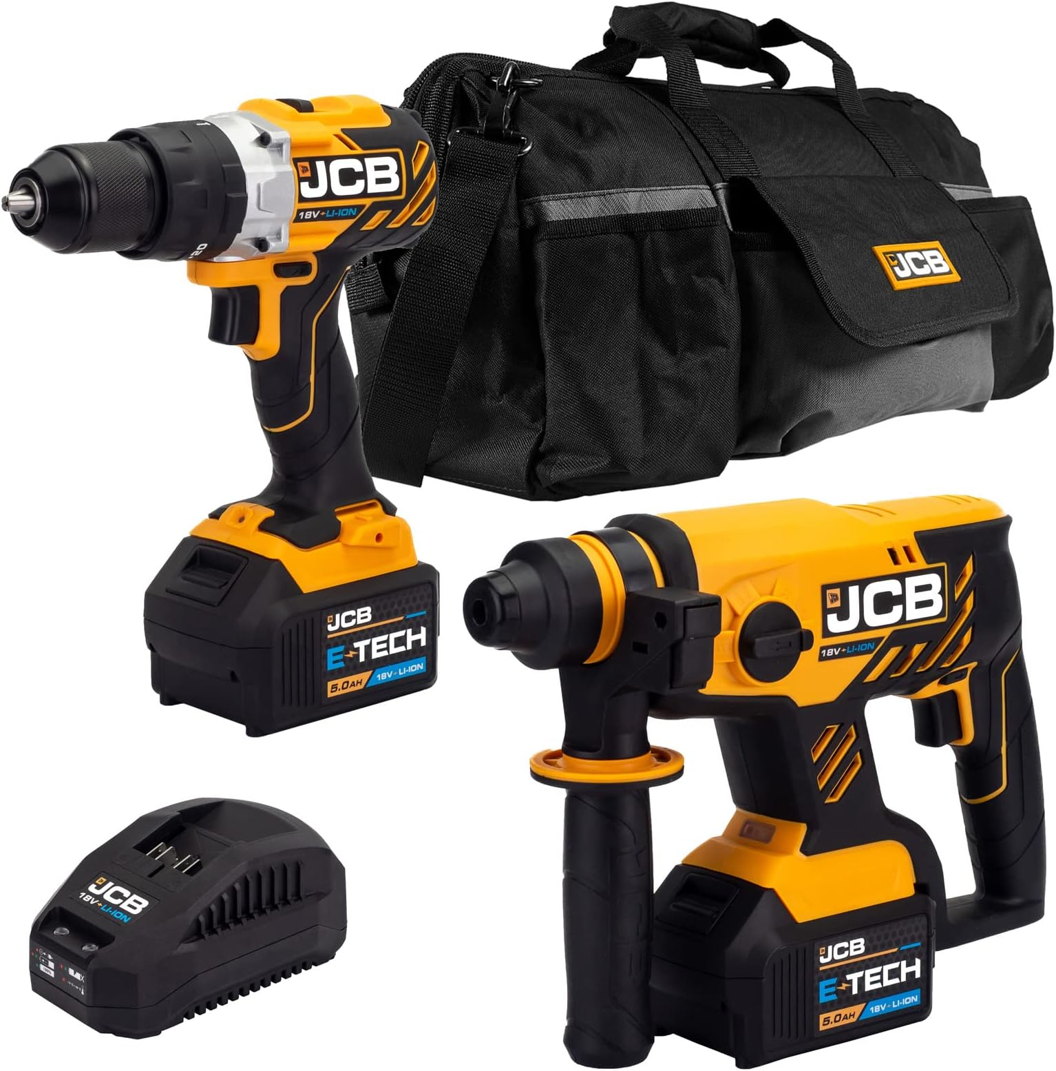 JCB18V Brushless Cordless Combi Drill & SDS Rotary Hammer Drill, 2X 5.0Ah Battery, 20" Power Tool Kit Bag, 3 Year Warranty