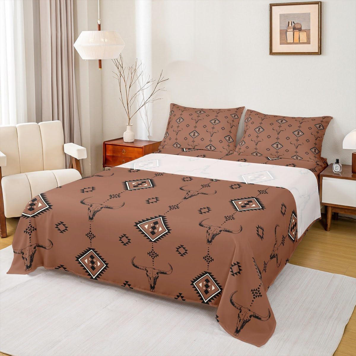 Castle Fairy Western Cowboy Bed Sheet Set Queen,Retro Southwest Style Cow Skull Soft Microfiber Sheet Set,Tropical Cactus Cowboy Boots Hats Graffiti Fitted Sheet + Flat Sheet + 2 Pillow Cases