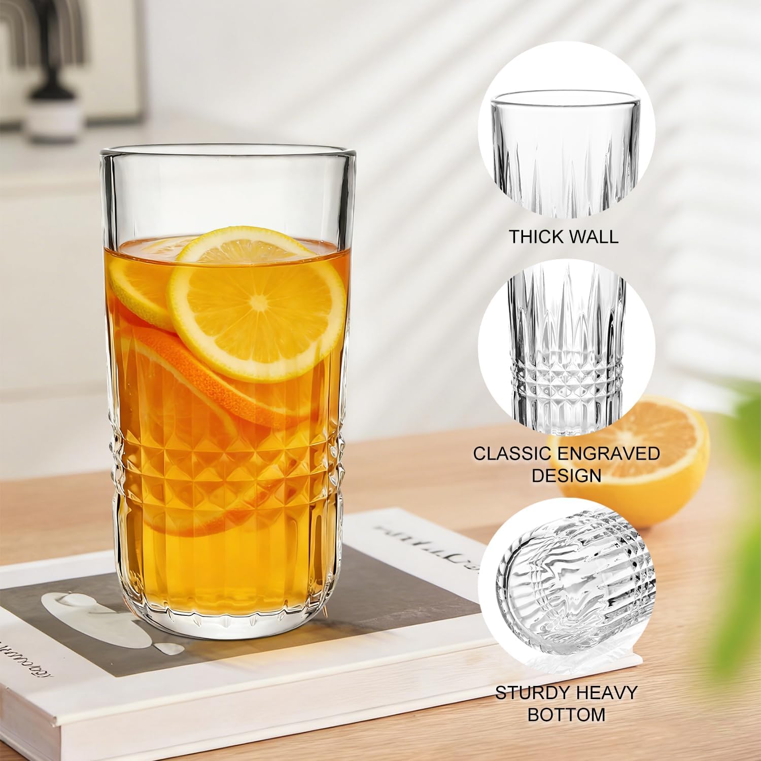 Highball Glasses Set of 6, 12oz Crystal Drinking Glasses, Lead-free Water Glassware, Tall Glass Cups for Juice, mixed drinks, Whiskey, Mojito Cocktail
