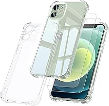 Meliya iPhone 12 Mini 5.4 inch Case with 2 Pieces Tempered Glass, Transparent Silicone Case with Raised Corners Shockproof Anti-Scratch Drop Protection (Transparent, iPhone 12 Mini)
