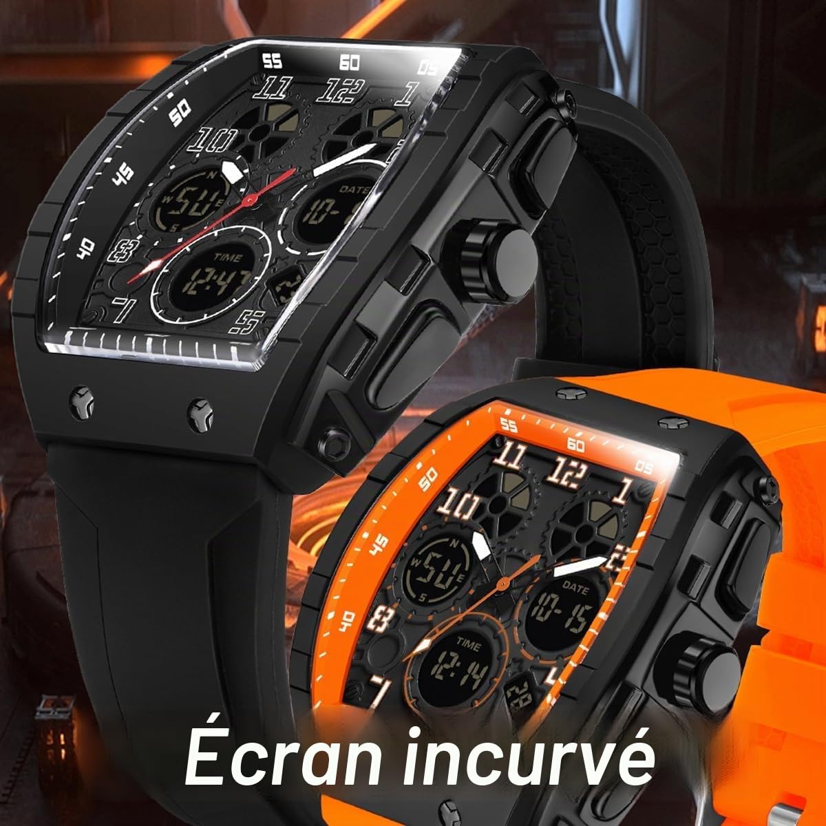 Montre analogique numérique pour homme - Étanche - Style militaire - Style décontracté - Quartz - Avec chronomètre LED - Compte à rebours - Alarme - Écran incurvé - Relojes para Hombres