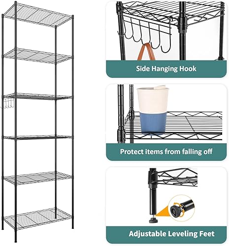 Miniatura 8 de Homdox Estante de almacenamiento de 6 niveles, estantería de alambre, organización de estante independiente, patas de nivelación ajustables, ganchos