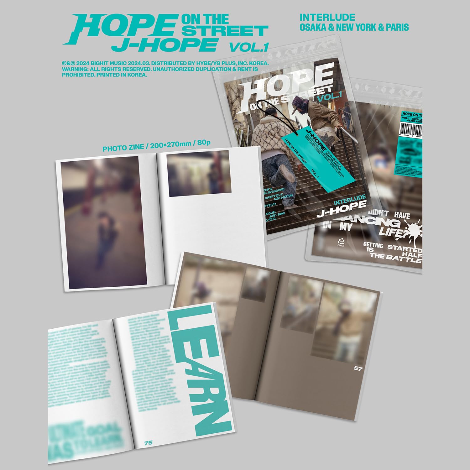j-hope HOPE ON THE STREET VOL.1 INTERLUDE OSAKA NEW YORK PARIS VER. Photo Zine Poster Photo Card Sticker Lyrics Hang Tag 2 Extra Photocards