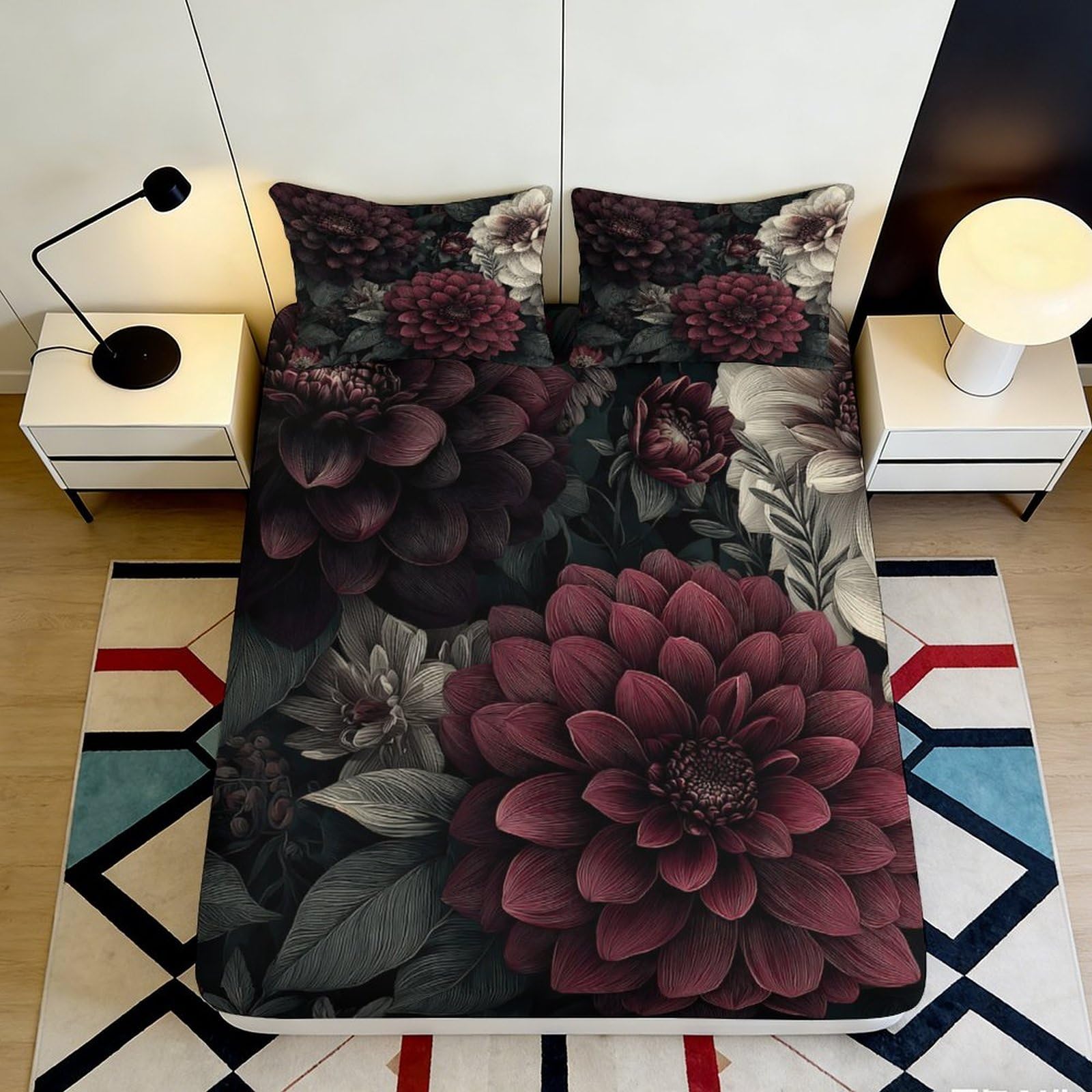 Pnayamiorkfel Style-2 3D Printed Burgundy Dahlia Fitted Sheet Microfiber Floral Botanical Mattress Cover For Bedroom Guest Room Dustproof Easy Care Decor 90X200x25cm