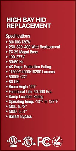 Miniatura 3 de Satco S33115 Hi-Pro LED High Bay - Luz de repuesto HID seleccionable, color blanco, 80W100W130W