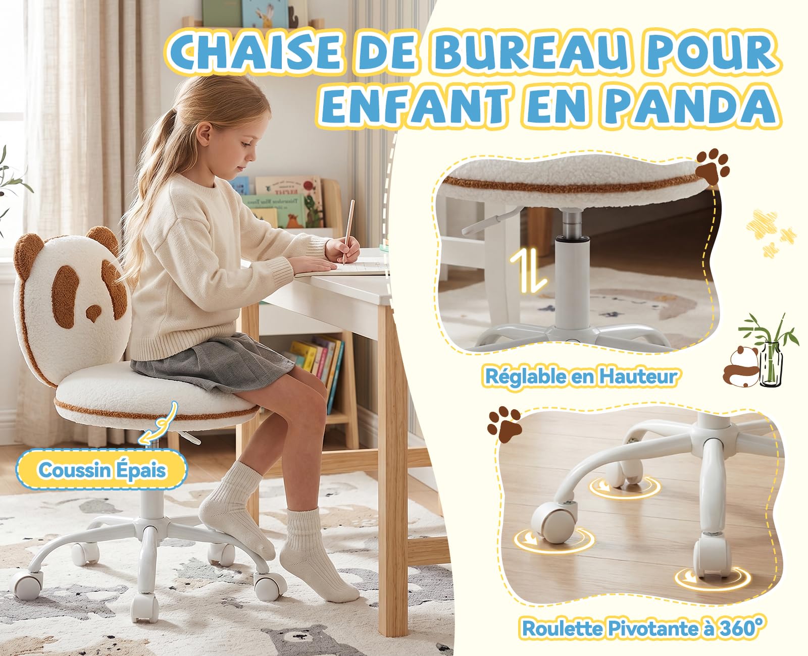 Chaise de Bureau Enfant Pivotante Chaise pour Enfants Réglable avec Motif Panda Fauteuil Ergonomique pour Étudier et Lire, Marron