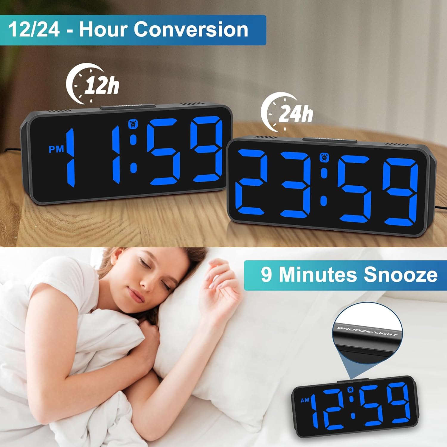 Peakeep MHP6020 Digital Alarm Clock showing 12/24 hour conversion and snooze function.