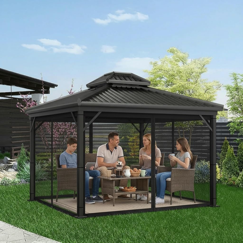 ele ELEOPTION Universal 12ftx 12ft Gazebo Replacement Mosquito Netting, Black 4-Panel Netting Walls with Double Zippers for Patio (Mosquito Net Only)