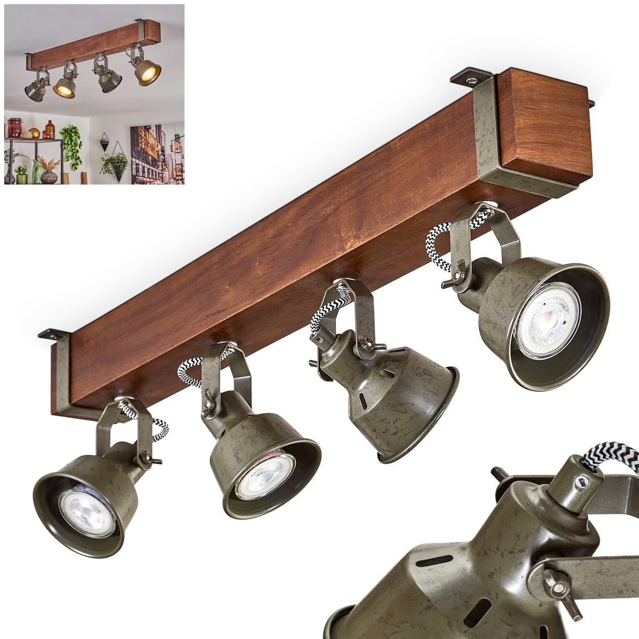 Ceiling Light Pehefito, Modern Ceiling Light Made of Metal/Wood in Black/Brown/Green-Grey, Ceiling Light in Industrial Design with Adjustable Shades, 4-Flame, 4 x GU10 Without Bulbs