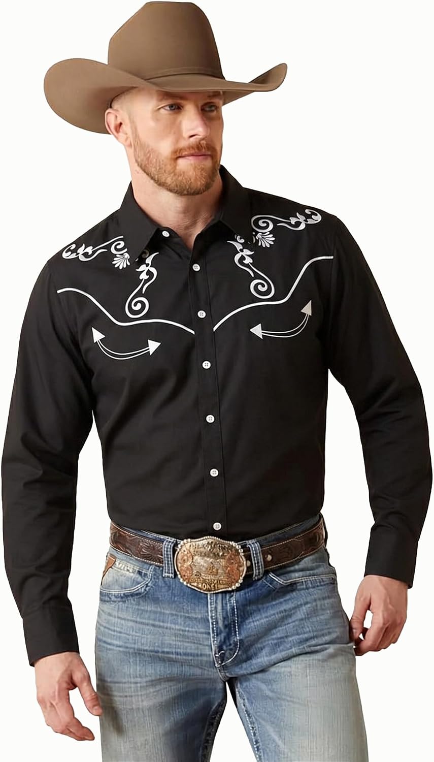 Western Shirts for Men Cowboy Shirts Retro Print Long Sleeve Country Shirt Slim Fit Button Down Shirt Casual Work