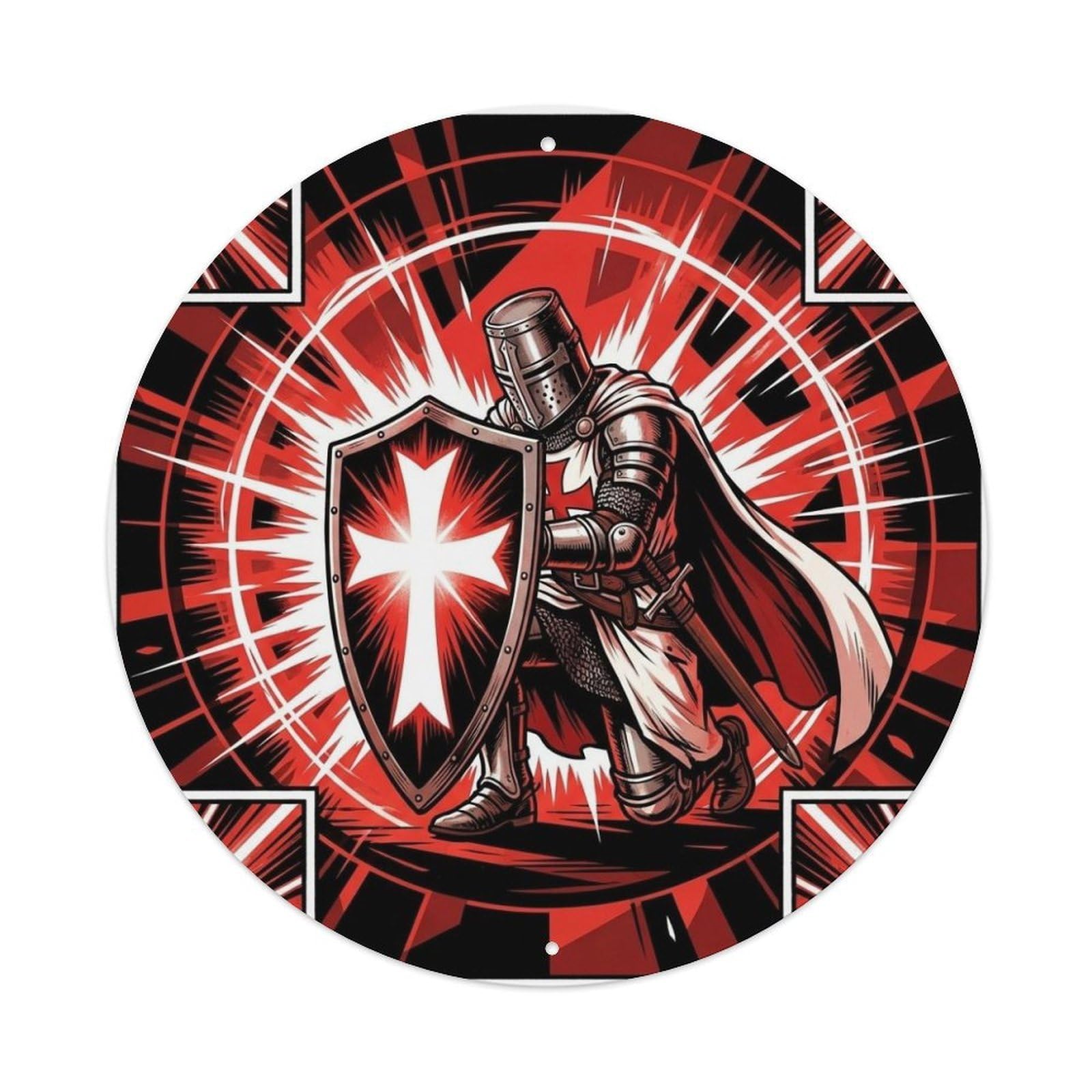 Sacred Shield Hospitaller Knight Paladin Anime Medieval Metal Tin Sign Plaque Wall Decor for Cafe, Man Cave, Club Bar, Office, Home Garden Round Metal Poster 8x8Inch