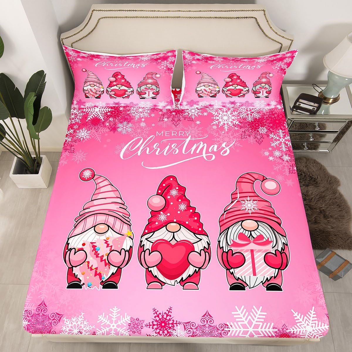 Merry Christmas Fitted Sheet King Size, Cute Gnomes and Snowflake Bedding Set 3pcs for Kids Girls Adults, Xmas Theme Pink Bed Cover with 2 Pillowcases, Soft Polyester Bedding — image 1
