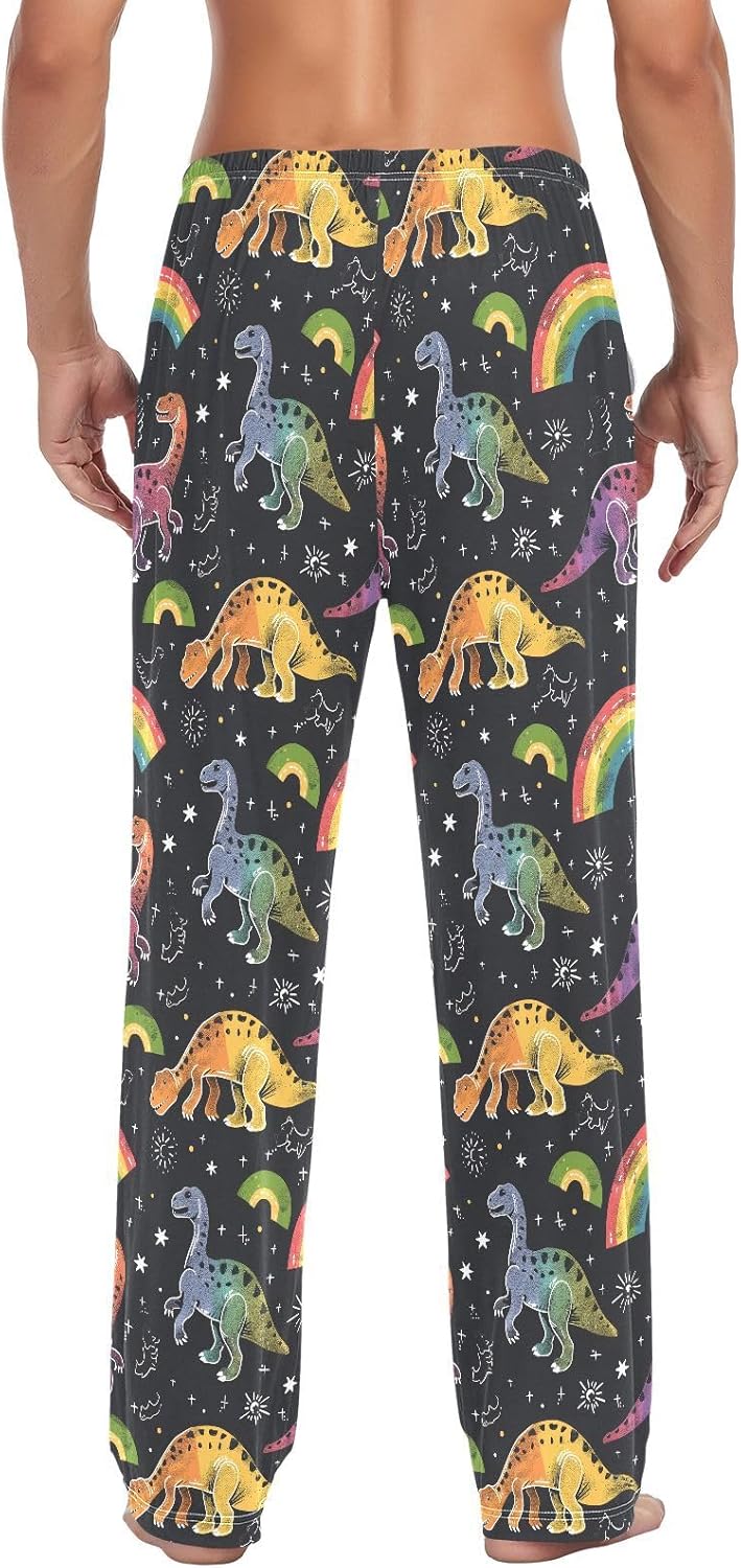 ALAZA Cute Dinosaur Dino Animal Rainbow Men's Pajama Pants Men Cotton Pajama Bottoms with Pockets, S