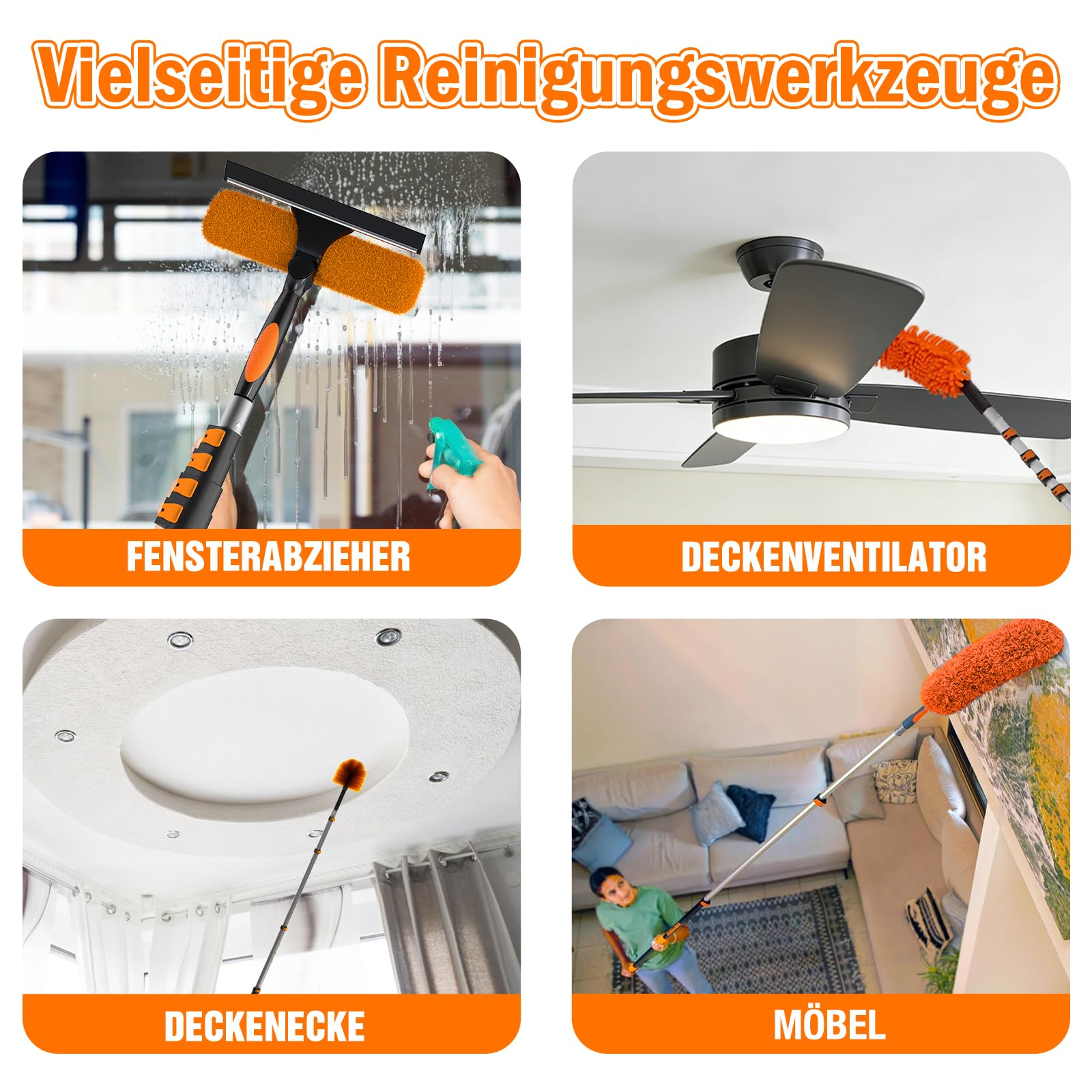 LAANPOLE 6M Staubwedel Teleskop Waschbar, Spinnwebenbesen mit Teleskopstiel, Fensterabzieher zum Reinigen von Decken, Lücken, Deckenventilatoren