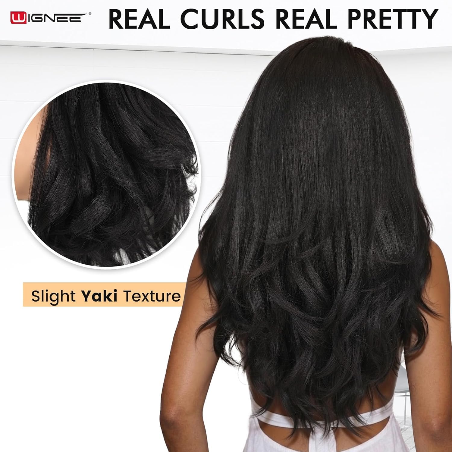WIGNEE Yaki Curly Bandeau Perruque Synthétique Stratifiée Kink Droite Demi-Prête à Porter Sans Colle Bandeau Perruque pour Femmes Noires (1B, 66cm)
