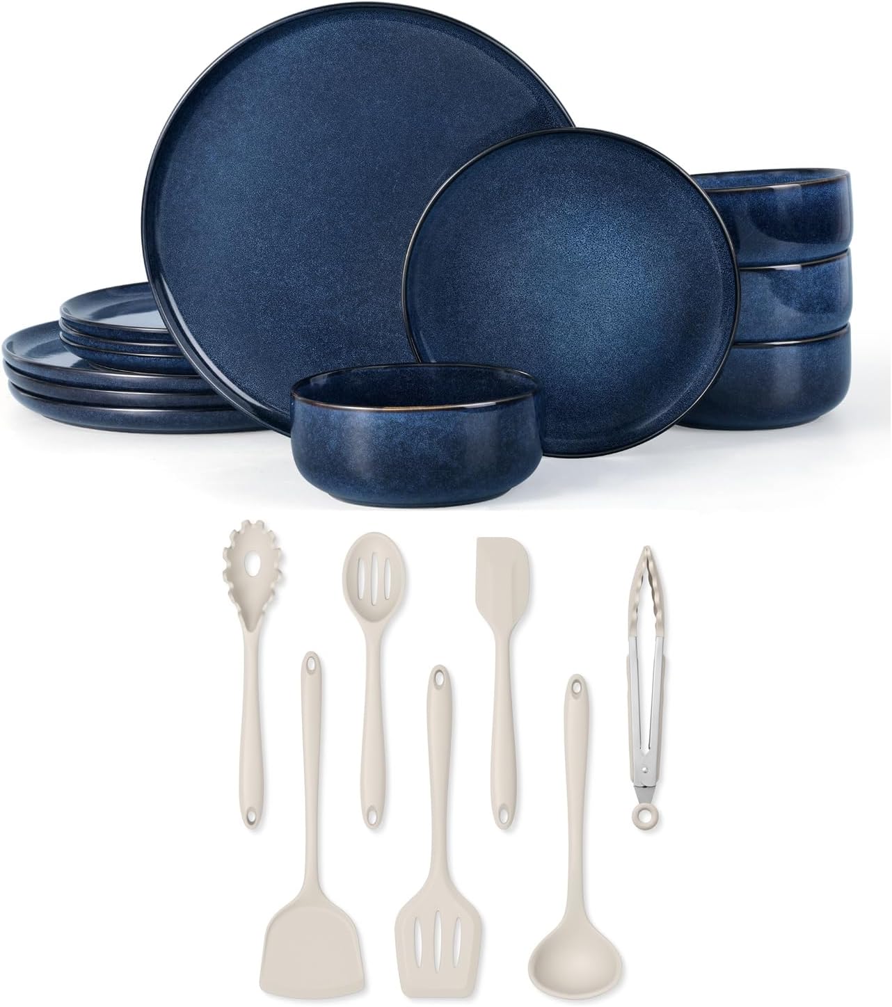 Herogo Silicone Cooking Utensils Set, 7-Piece Kitchen Utensils Set with 12 Pieces Dinnerware Set Stoneware Service for 4, Heat Resistant Cooking Gadget Tools