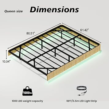 Queen Floating Bed Frame with LED Lights, Fluted Mid Century Modern Wood Floating Bed Frame Queen, Wave Curve Wood Texture Bed with Heavy Duty Metal Slats, Beige
