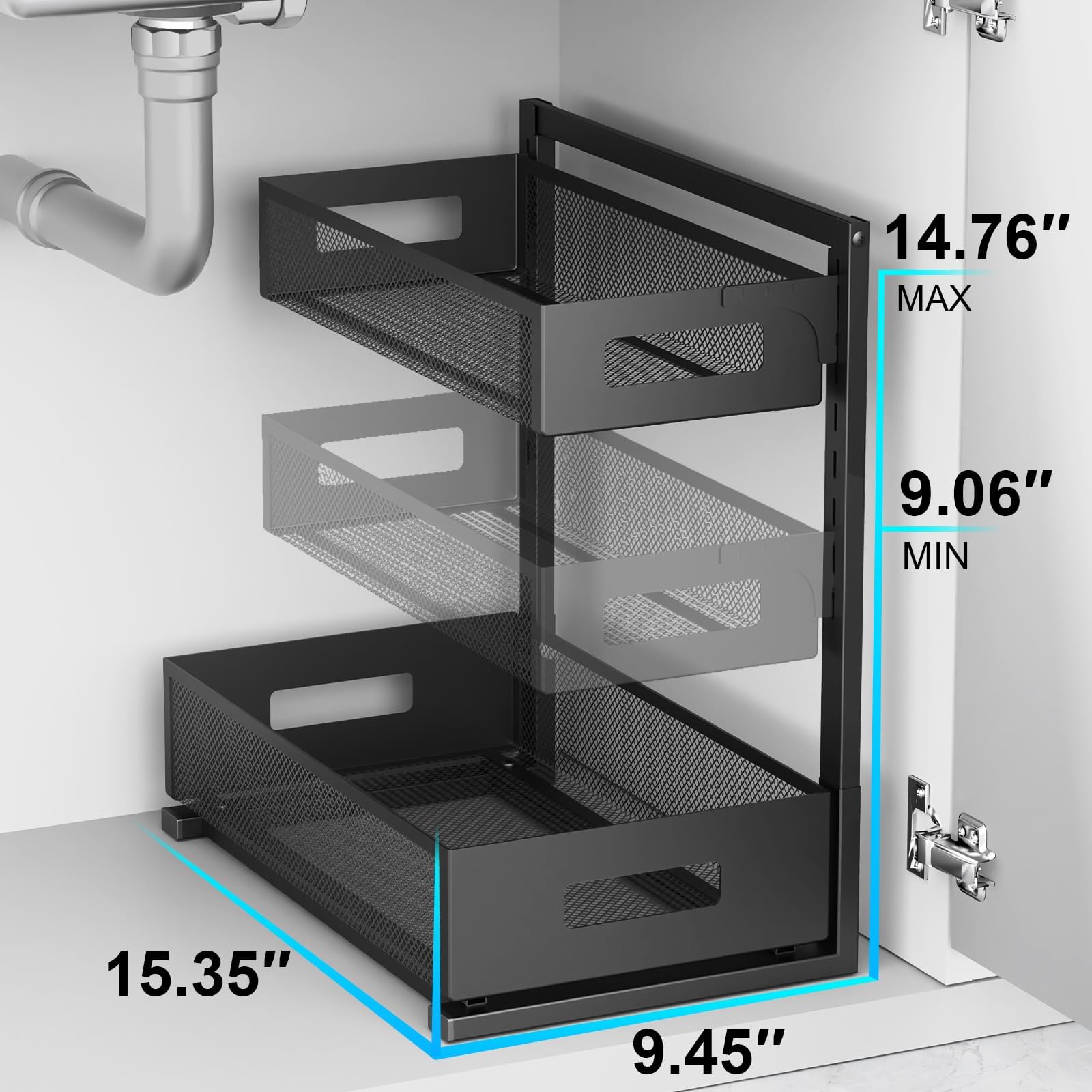 Organizador para debajo del fregadero, organizador de armario extraíble, altura ajustable, 2 niveles con cajones deslizantes, organizador de cocina y baño (1 unidad) 3