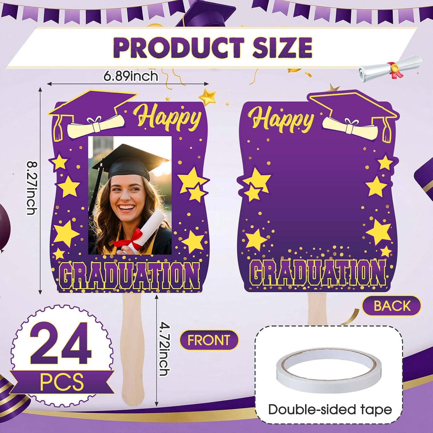 Amyhill 24 Pcs 2026 Graduation Fans with Photo Personalized Graduation Fans with Handle Custom Cutout Face Fan Double Sided DIY Photos Frame for Class of 2026 Grad Photo Props Party Favor(Purple Gold)