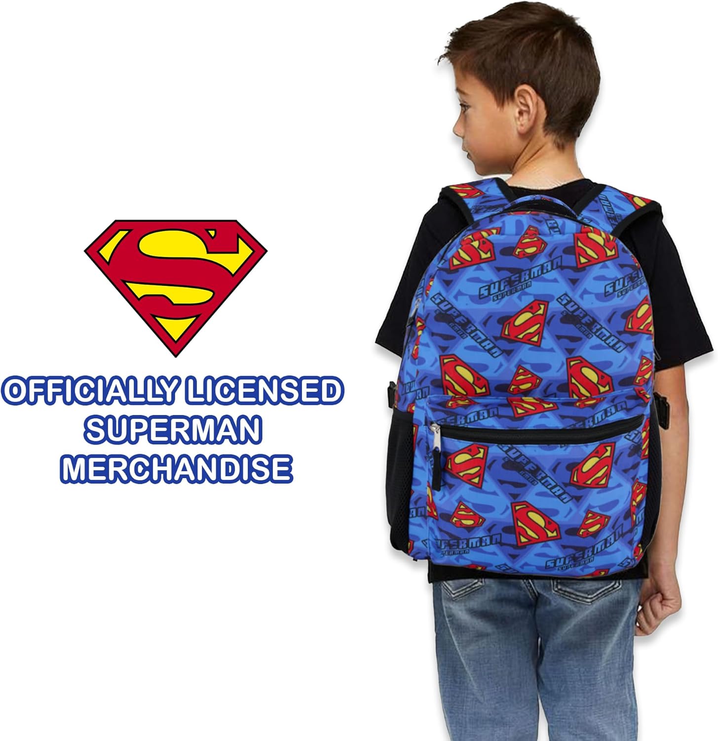 DC Comics Kids Superman Backpack - Batman, Superman, The Joker Superhero Bookbag for Boys Girls Toddlers and Adults - Laptop and Lunchbox Compatible School Bag (Superman Blue)