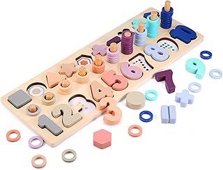 Voamuw Wooden Number Shape Puzzles Sorting Montessori Toys for 3-6 year olds Toddlers, Counting Blocks Sorter Stacking Math Toys for Kids, Preschool Education Gift Learning Tower for Boys Girls
