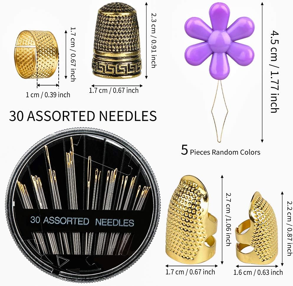 4 Pcs Sewing Thimble + 30 Pcs Sewing Needles, Finger Protector Fingertip Thimble Adjustable Metal Bronze Sewing Thimble Rings and Leather Coin Thimble for Needlework, Hand Embroidery Craft