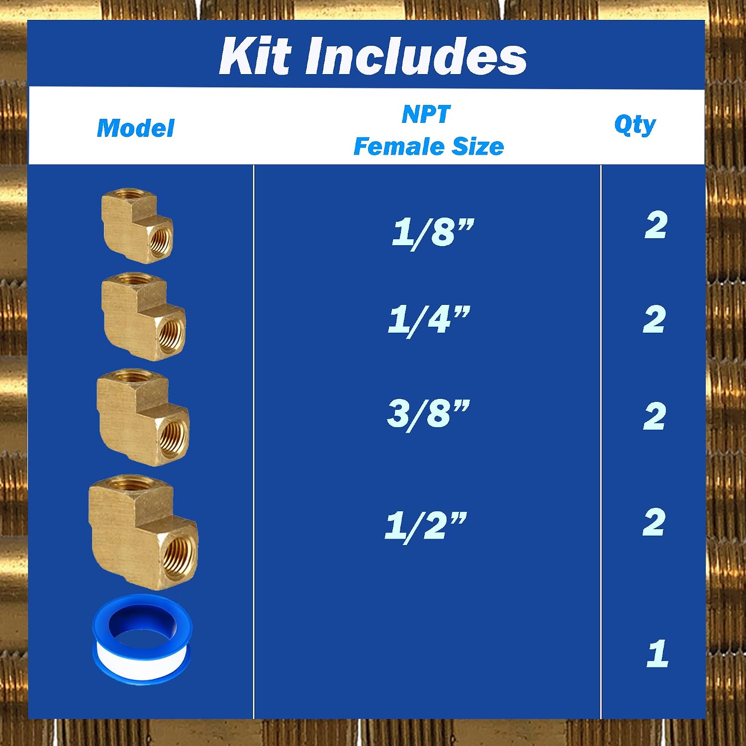 Brass Fitting, 9pcs Female Elbow Kit, 1/8", 1/4", 3/8", 1/2" Female NPT Hose Adapters for Air, Fuel, Oil, Water Pipe Connection