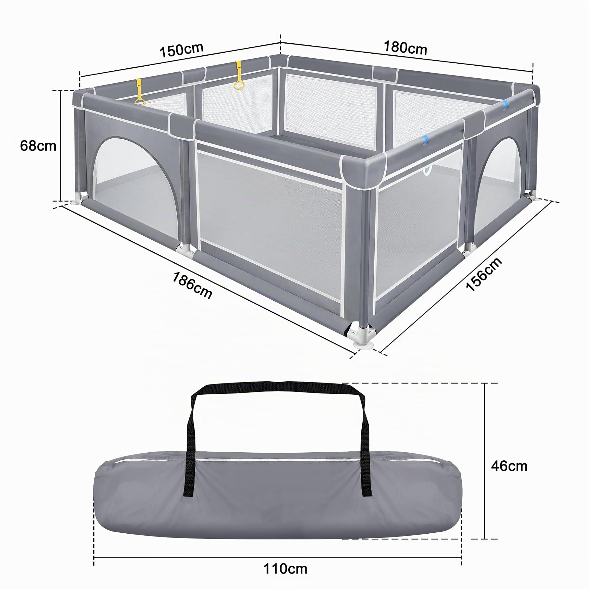 Froadp Box per Bambini, Griglia Pieghevole per Bambini, Recinzione per Bambini con Rete Traspirante e 50 Palline, Playpens Mobili per Gattonare, Pallacanestro per Bambini, Grigio Scuro, 180x150x68 cm