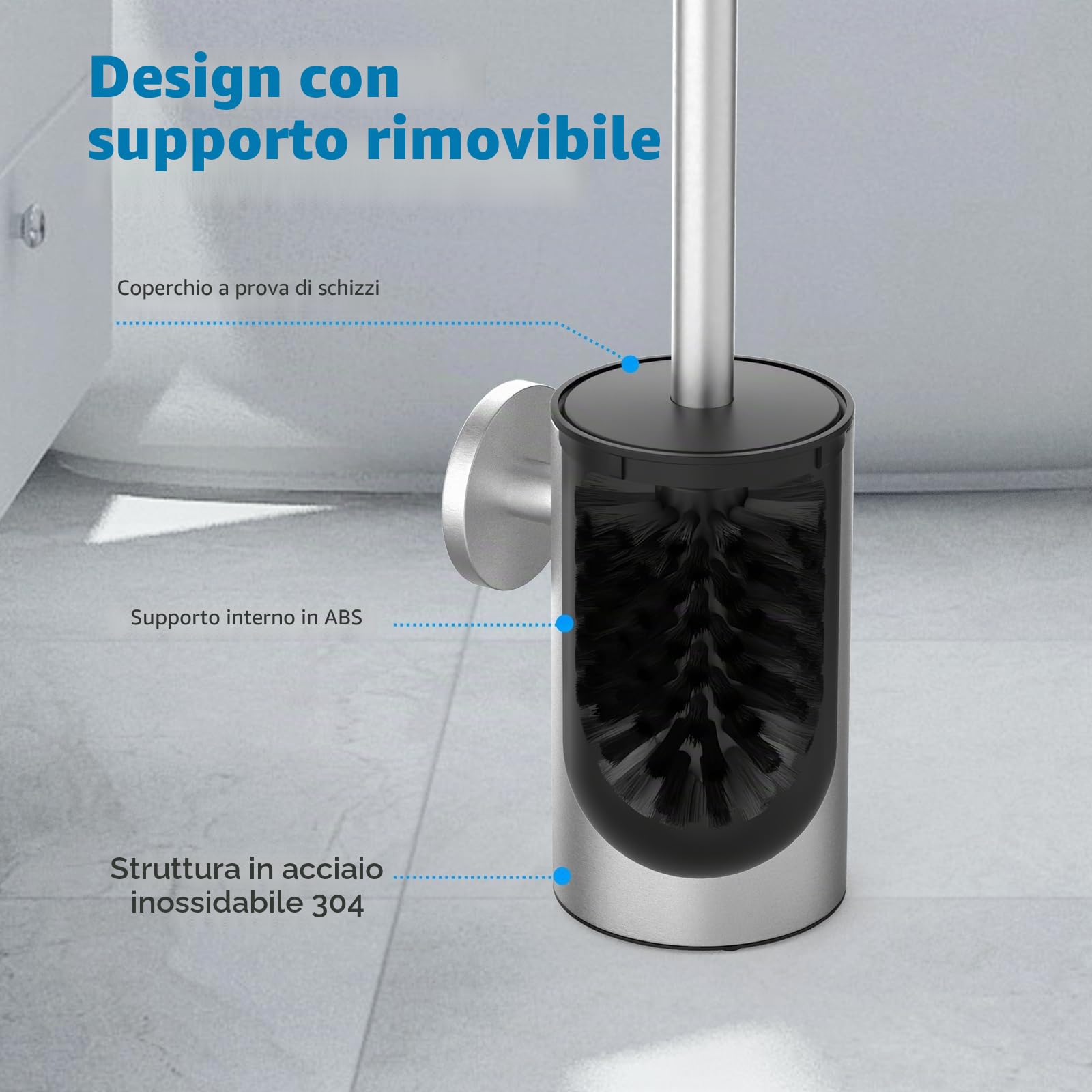 Spazzola per WC in acciaio inox 304, set per WC con montaggio a parete e porta scopino – Include 2 testine (Round Silver)