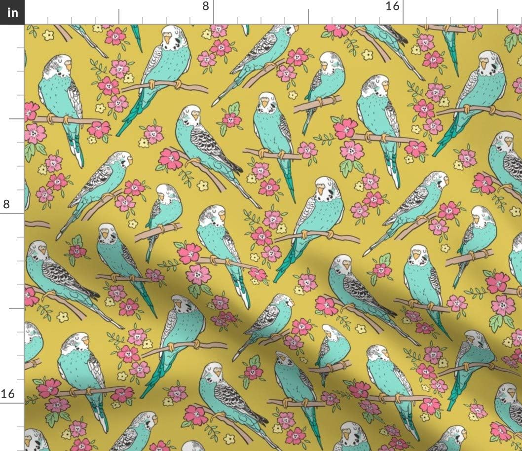 Spoonflower Fabric - Budgie Birds Blossom Flowers Gold Yellow Mustard Bird Floral Summer Printed on Petal Signature Cotton Fabric Fat Quarter - Sewing Quilting Apparel Crafts Decor
