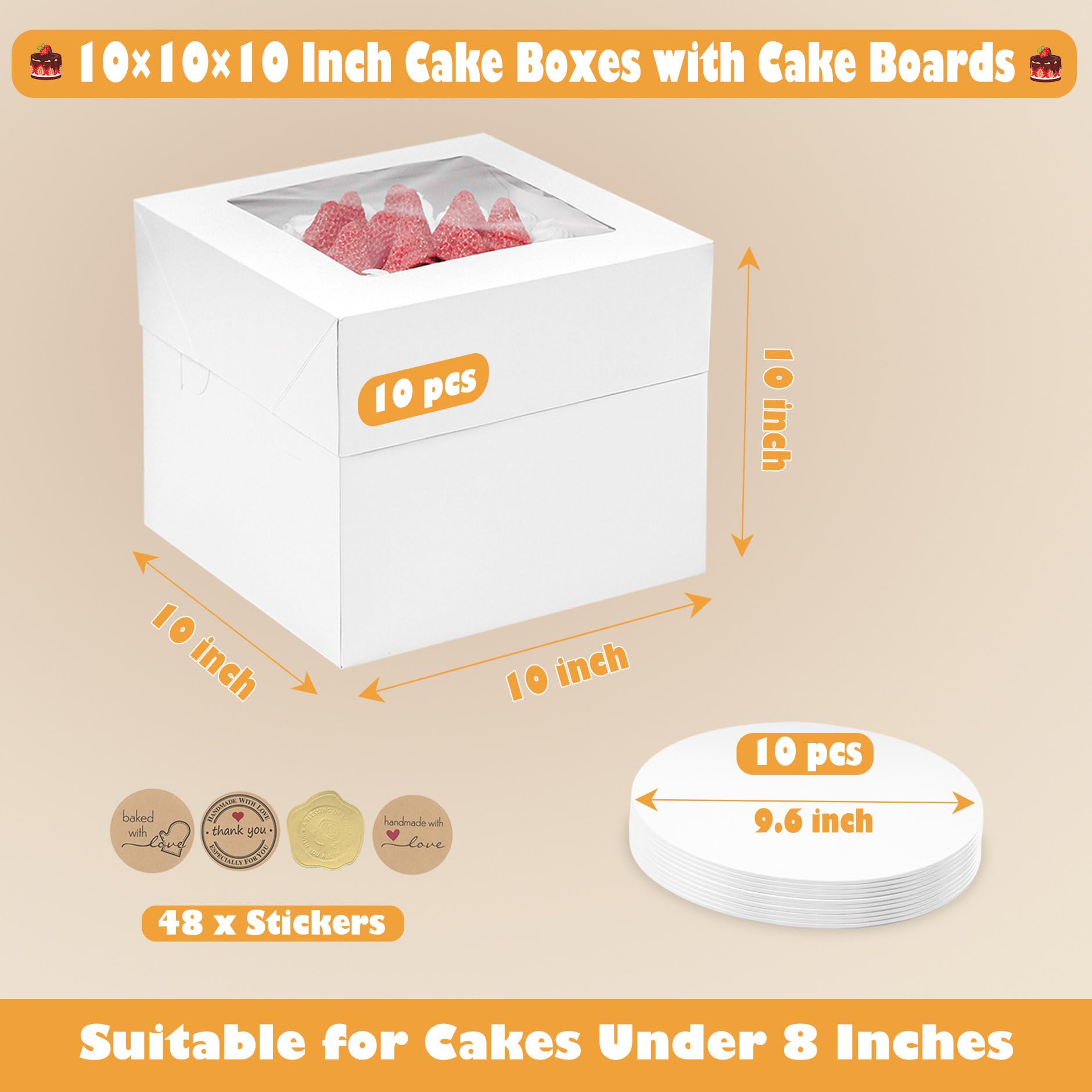 Cajas para tartas de 10 x 10 x 10 pulgadas con tablas para tartas, paquete de 10 cajas altas de alta calidad con ventana de exhibición, contenedor desechable para tartas para Navidad