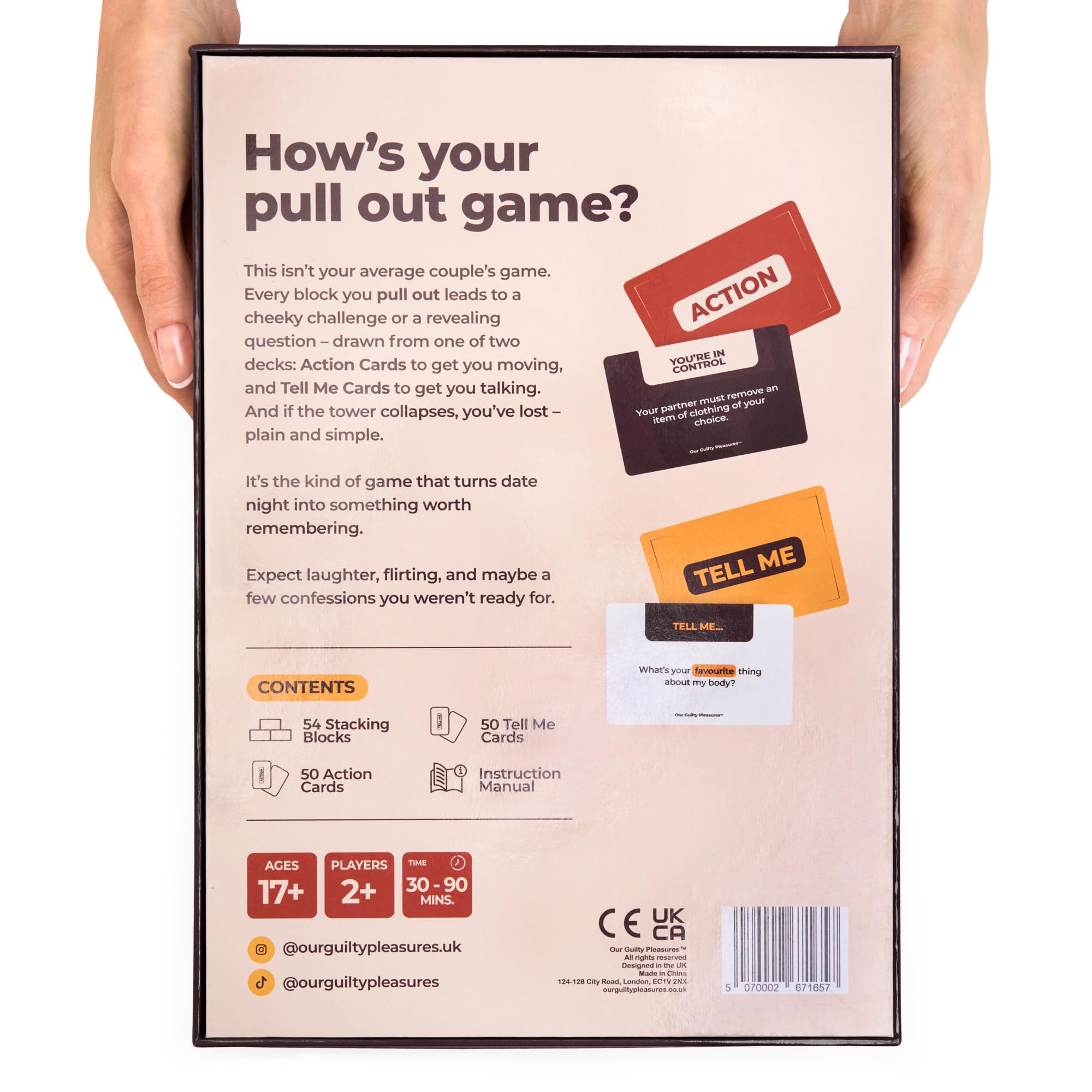 Our Guilty Pleasures The Pull Out Game - Flirty Date Night Game for Couples, Romantic Block Tower with 100 Cards, 50 Action & 50 Tell Me - Perfect for Any Relationship or Valentines Day Gift