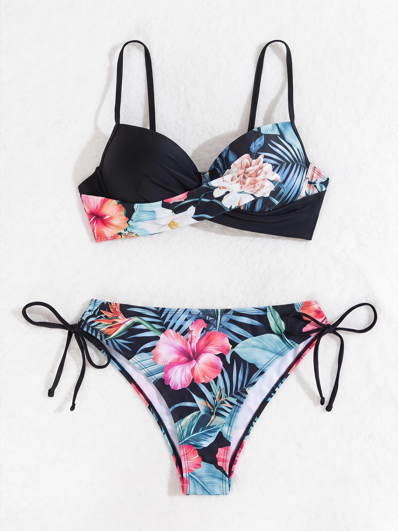GORGLITTER Conjunto de bikini push up para mujer, traje de baño de dos piezas, ropa de playa tropical, conjunto de traje de baño de verano de 2 piezas con patrón