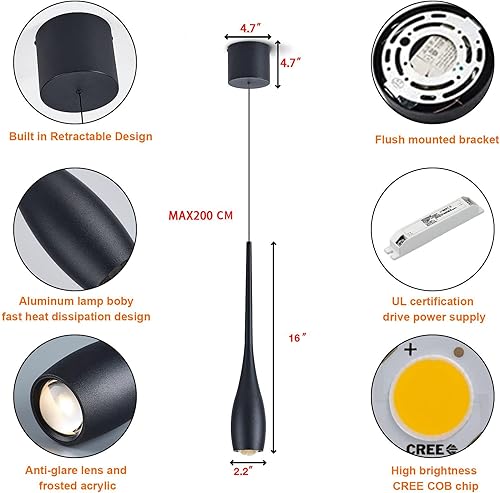 Miniatura 4 de Lámpara colgante negra para isla de cocina, lámparas colgantes LED regulables, pequeña y moderna lámpara colgante de cable ajustable industrial para