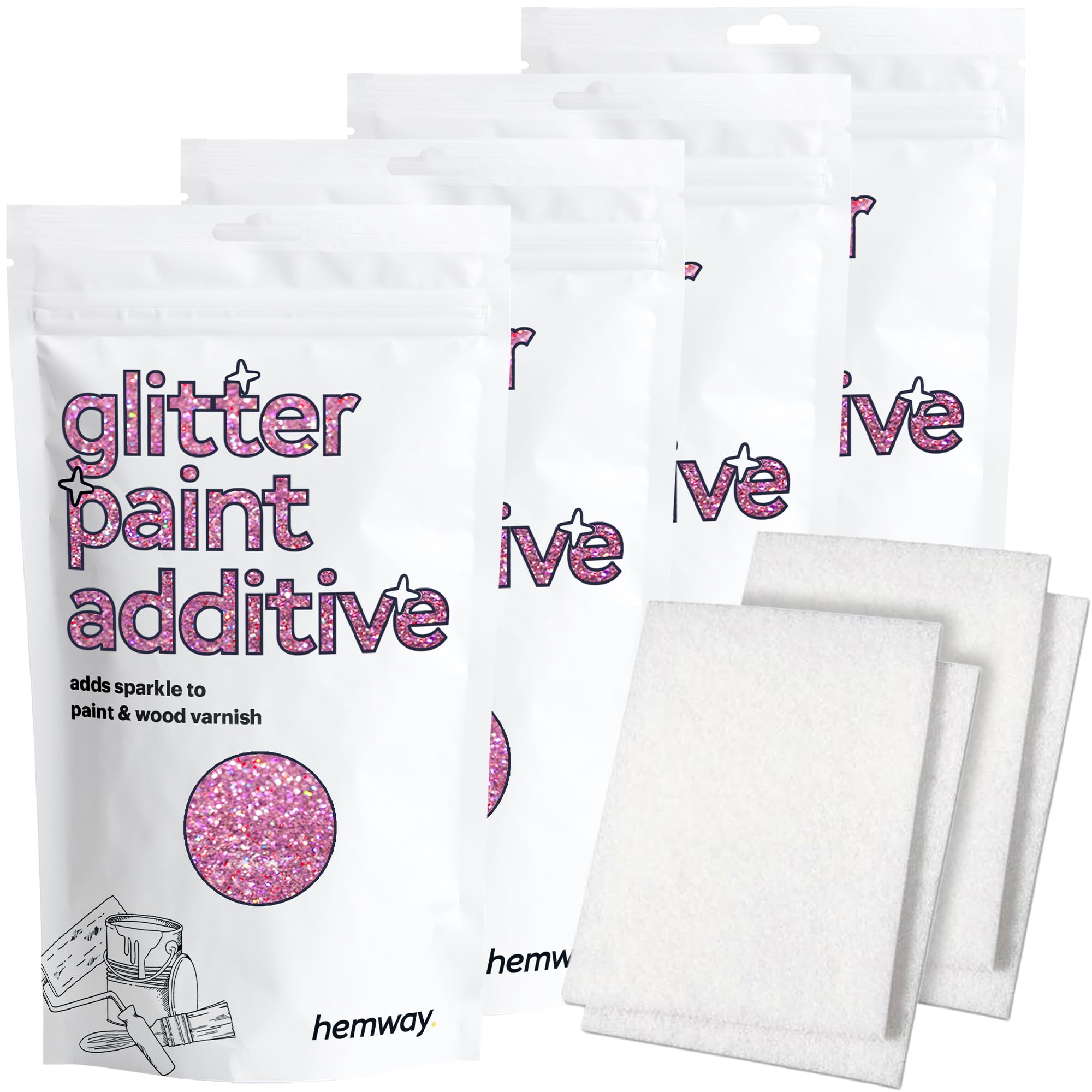 Hemway Pink Holographic Glitter Paint Additive 400g with 4X Buffing Pads for Adding Sparkle to Paints & Varnish | Paint Walls Sparkly Add to Emulsion, Acrylic or Lacquer Indoor