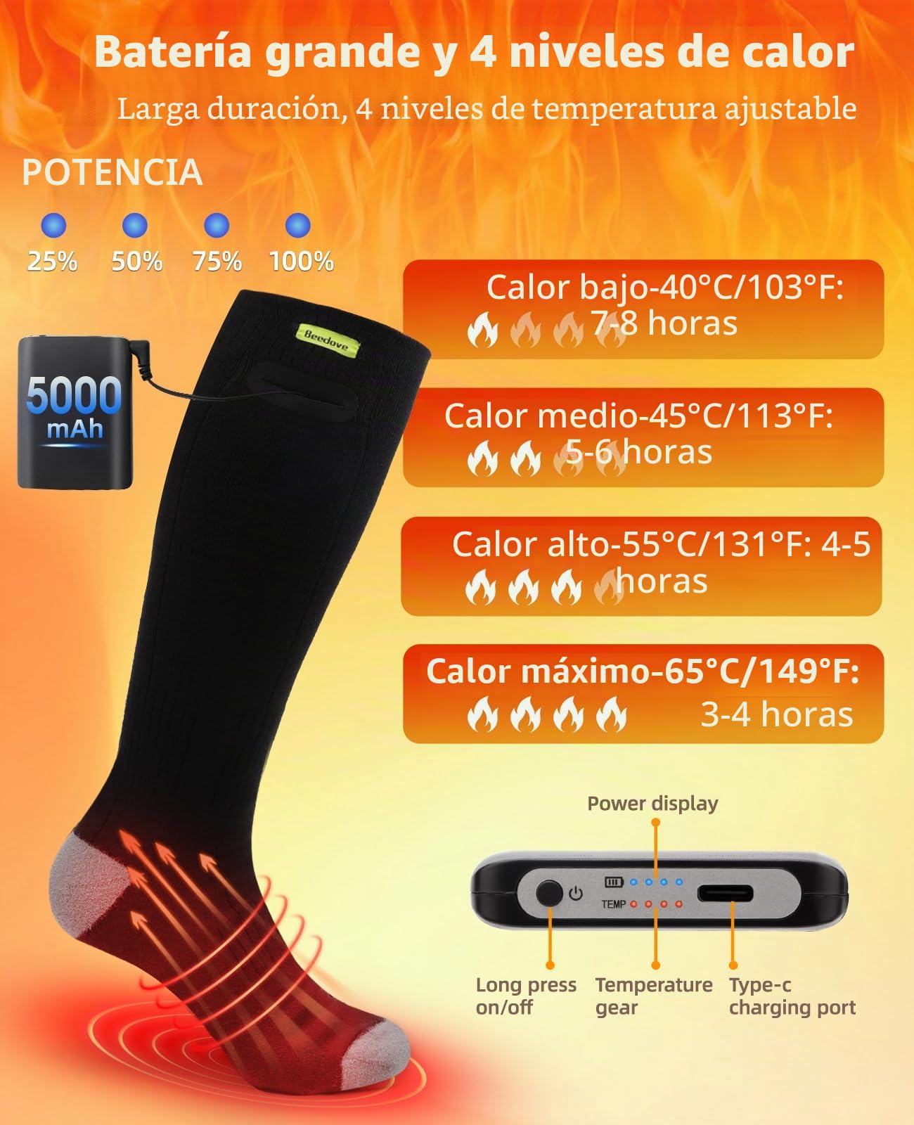 Calcetines Calefactables Hombres Mujer, 2 Tamaños Beedove 5000mAh Eléctricos Recargables Calcetin Calefactable, 4 Ajustes De CalefaccióN, para Motociclismo, Esqui,Deportes al Aire