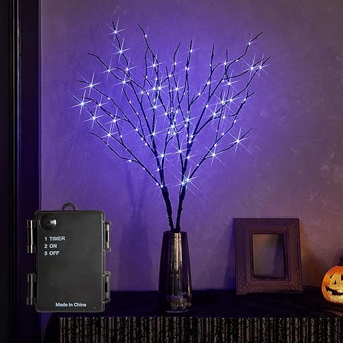 Miniatura 9 de Fudios Ramas iluminadas de Halloween con temporizador, 100 luces LED moradas de 36 pulgadas, luces de rama negras artificiales para Halloween,