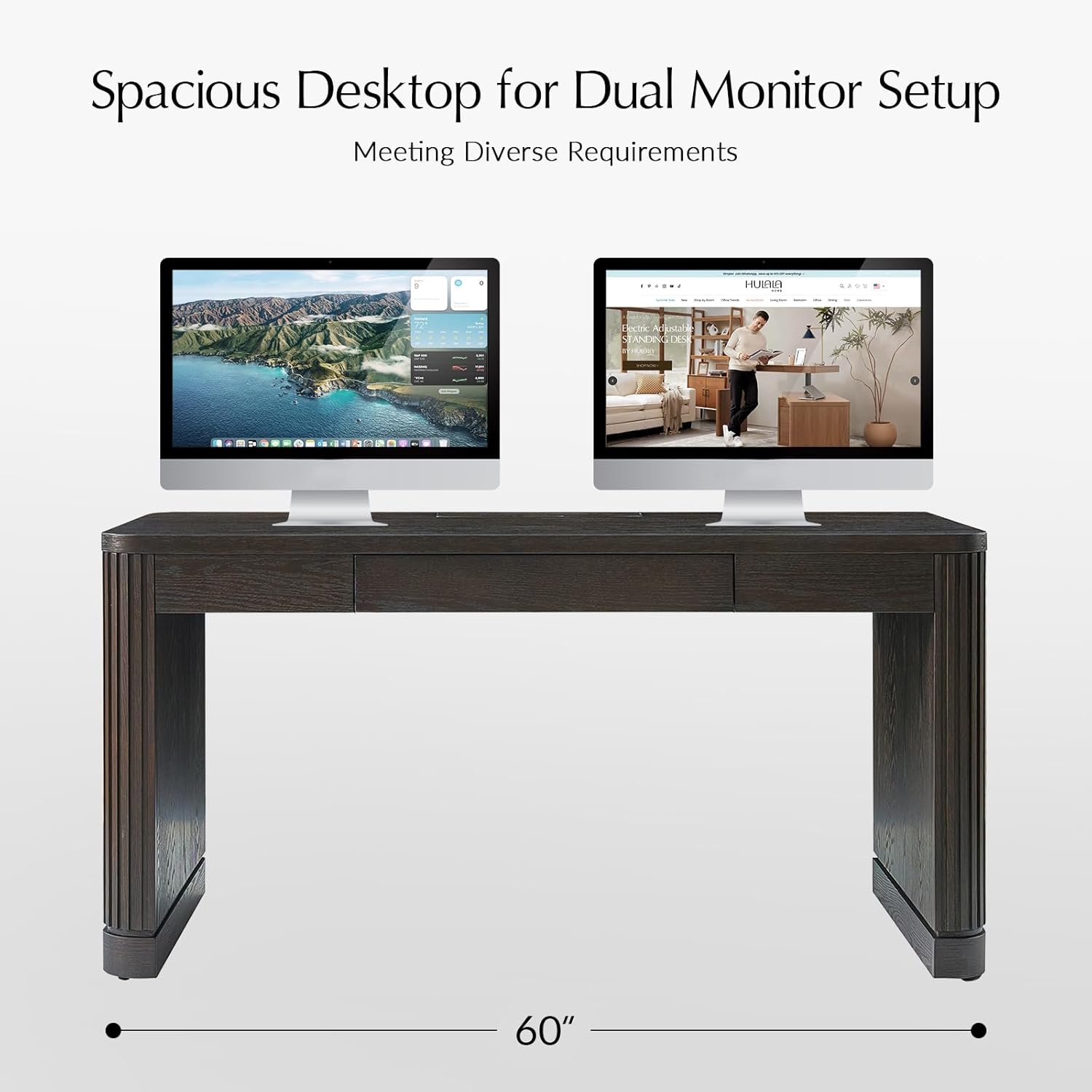 HULALA HOME 60 Inch Computer Desk with Drop Keyboard Tray, Modern Home Office Desk with Charging Station & Storage Drawer, Large Work Desk with Fluted Solid Wood Legs for Study or Office, Charcoal