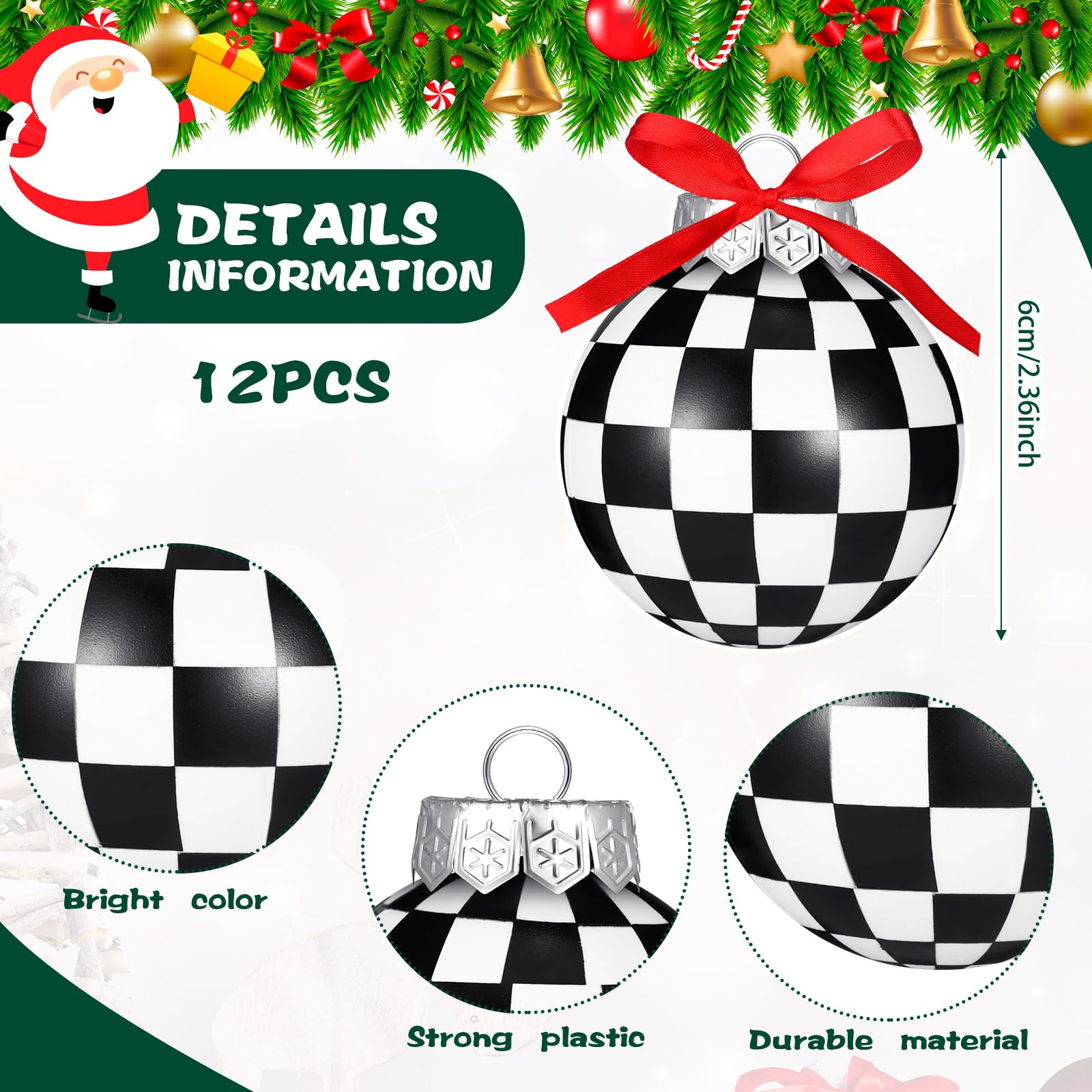 Lot de 12 boules de Noël en plastique à suspendre pour sapin de Noël - Motif à carreaux - 6 cm