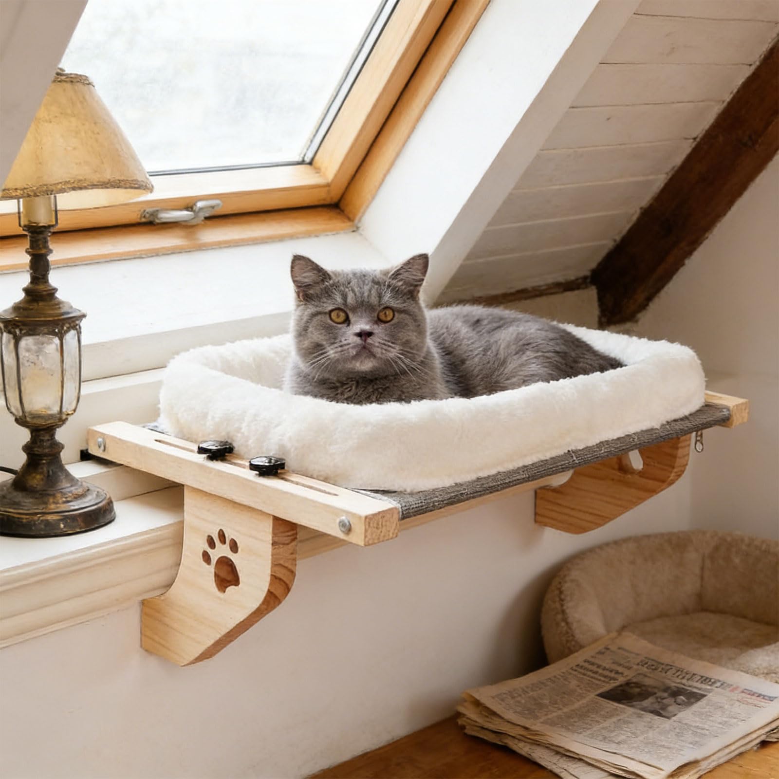 Hamaca para Gatos con Estructura de Madera y Metal, Cubierta extraíble y cálida, Cama Colgante para Ventana, Lavable para Comodidad de Mascotas, Cama Plegable para Gatos