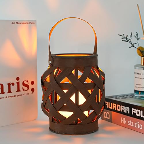 Miniatura 6 de Faroles decorativos de ratán de plástico con LED parpadeante sin llama, lámpara decorativa para colgar, funciona con pilas para mesa de interior y