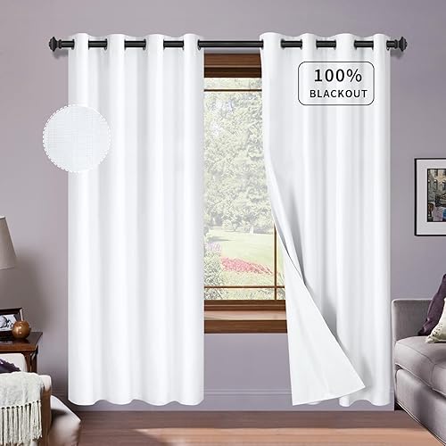 PureFit White Linen Blackout Curtains 84 Inches Long 100% Room Darkening Thermal Insulated Window Curtain Drapes for Bedroom Living Room Nursery with Anti-Rust Grommets & Energy Saving Liner, 2 Panels