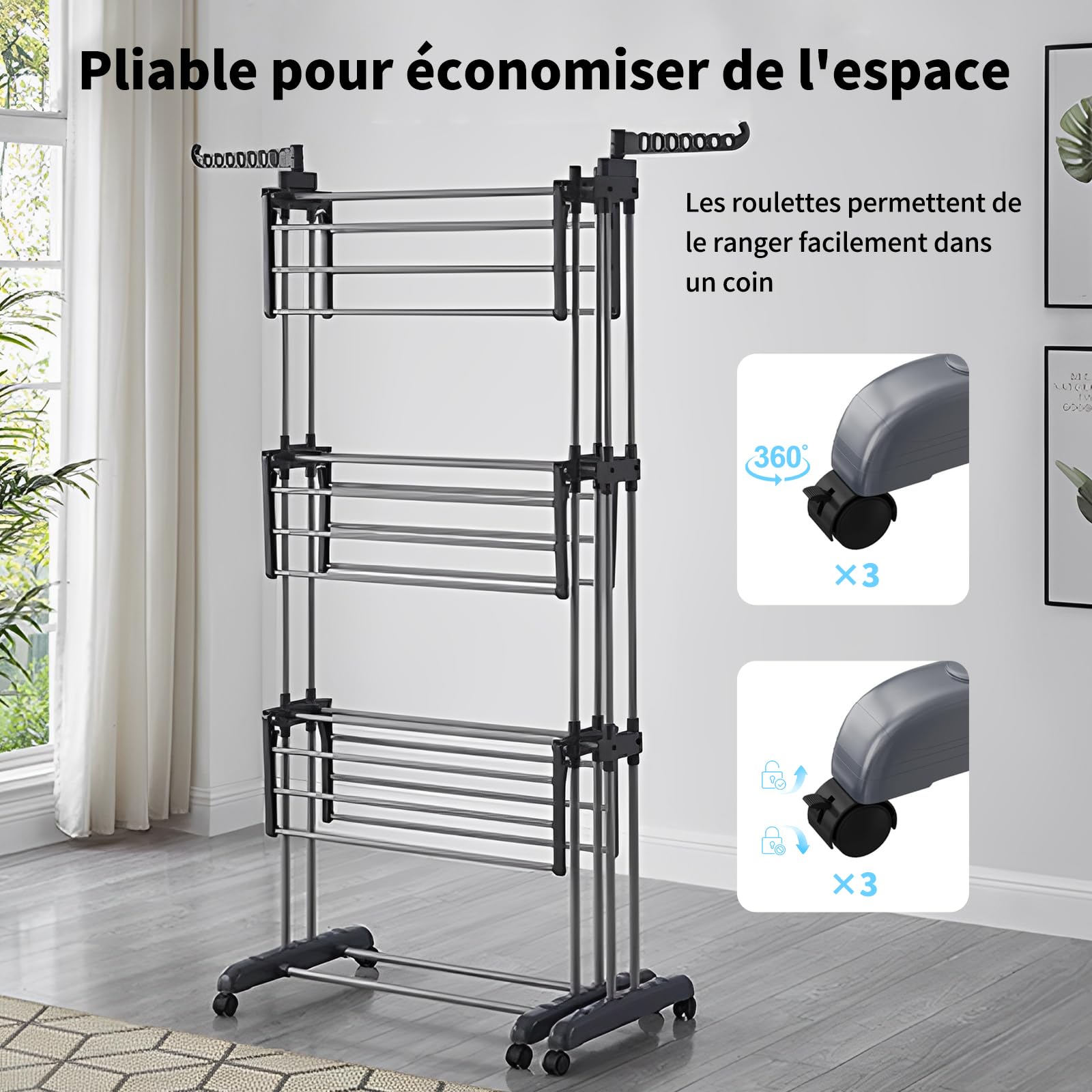 Fabulcozy Séchoir à Linge Pliable Étendoir à Linge 4 Niveaux avec roulettes Utilisation intérieure et extérieure (Petit)