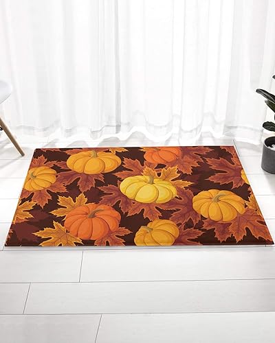 Bathroom Rugs Door Mat Fall Maple Leaf Pumpkin Soft Plush Microfiber Carpet Washable Entryway Rugs Indoor Non-Slip Highly Floor Mats, 32x20In