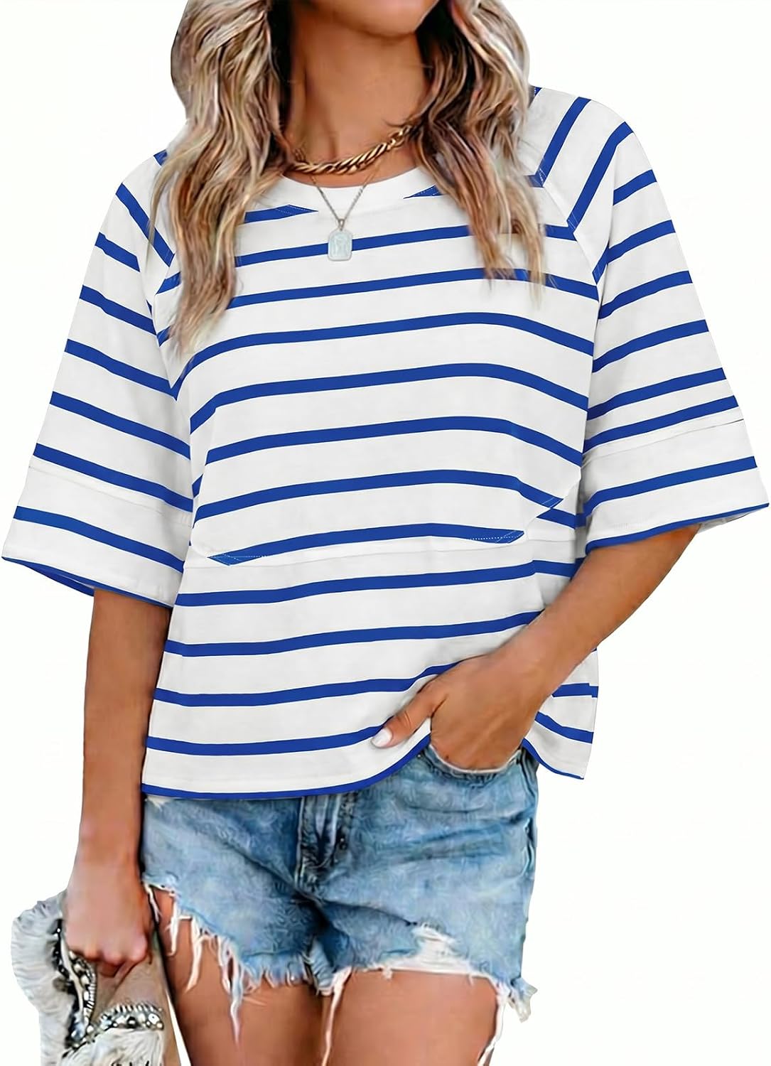 Sovelen Women's Summer Casual T-Shirts Loose Fit Crewneck 3/4 Sleeve Tops