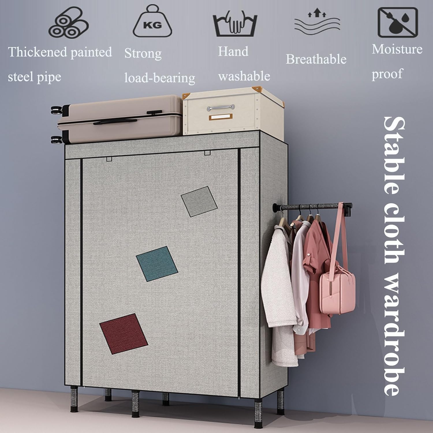 Portable Closet Wardrobe Galvanized Pipe Clothes Closet with External Hanging Rod Portable Wardrobe Closet for Bedroom Wardrobe Closet Spacious