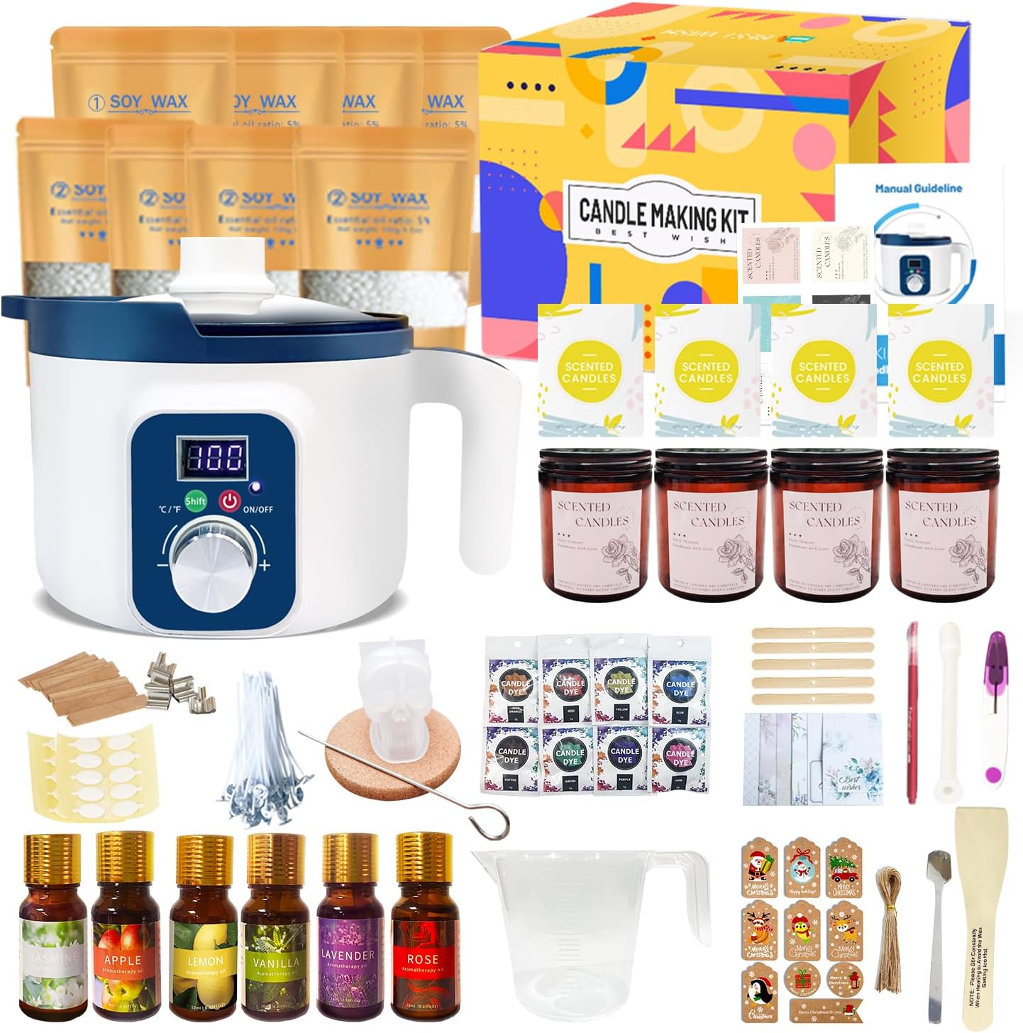 Complete Candle Making Kit for Adults with Digital Wax Melting Pot with LED Temperature Display, DIY Soy Wax Melt Kit with Skull Head Mold for Art & Craft